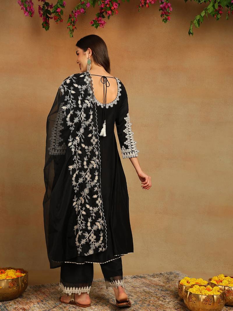 black color embroidered silk blend styles kurta palazzo with dupatta