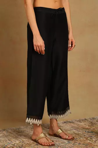 black color embroidered silk blend styles kurta palazzo with dupatta