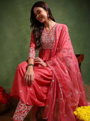 pink color embroidered silk blend styles kurta palazzo with dupatta 1