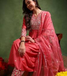 pink color embroidered silk blend styles kurta palazzo with dupatta