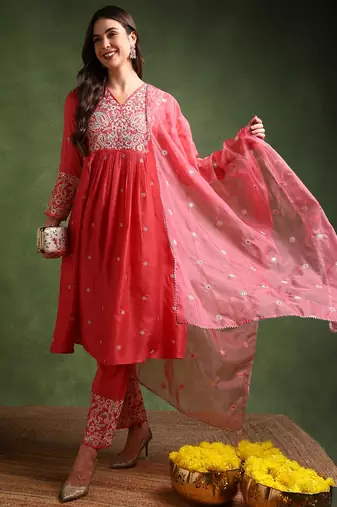 pink color embroidered silk blend styles kurta palazzo with dupatta