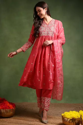 pink color embroidered silk blend styles kurta palazzo with dupatta