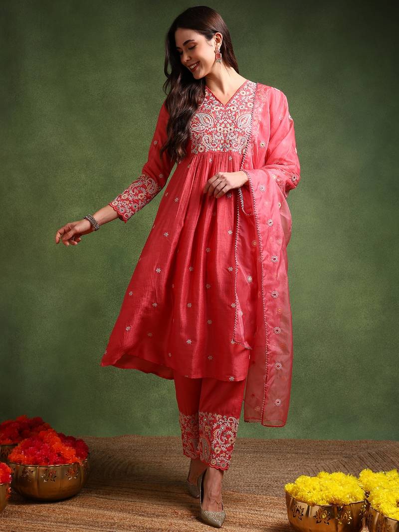 pink color embroidered silk blend styles kurta palazzo with dupatta