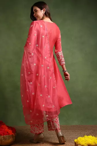 pink color embroidered silk blend styles kurta palazzo with dupatta