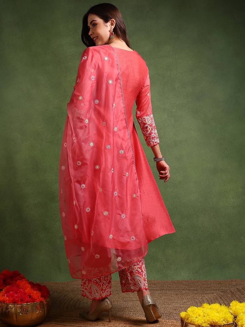pink color embroidered silk blend styles kurta palazzo with dupatta