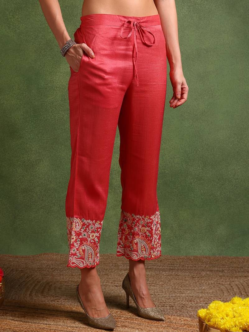 pink color embroidered silk blend styles kurta palazzo with dupatta