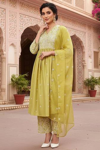 yellow color embroidered silk blend styles kurta palazzo with dupatta