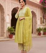 yellow color embroidered silk blend styles kurta palazzo with dupatta
