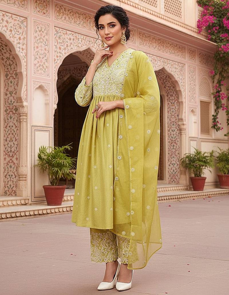 yellow color embroidered silk blend styles kurta palazzo with dupatta