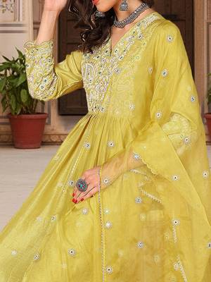 yellow color embroidered silk blend styles kurta palazzo with dupatta 2