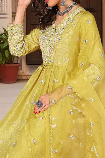 yellow color embroidered silk blend styles kurta palazzo with dupatta