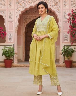 yellow color embroidered silk blend styles kurta palazzo with dupatta 3