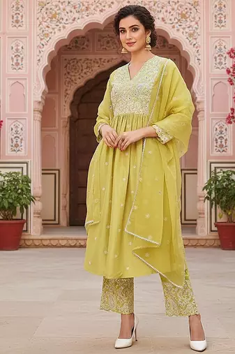 yellow color embroidered silk blend styles kurta palazzo with dupatta