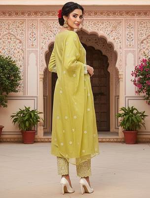 yellow color embroidered silk blend styles kurta palazzo with dupatta 4