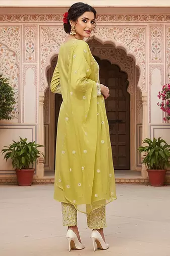 yellow color embroidered silk blend styles kurta palazzo with dupatta