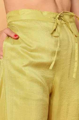 yellow color embroidered silk blend styles kurta palazzo with dupatta
