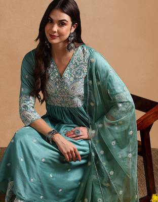 sea green color embroidered silk blend styles kurta palazzo with dupatta 1