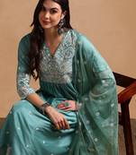 sea green color embroidered silk blend styles kurta palazzo with dupatta