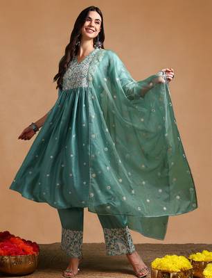 sea green color embroidered silk blend styles kurta palazzo with dupatta 2
