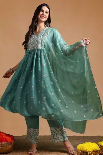sea green color embroidered silk blend styles kurta palazzo with dupatta