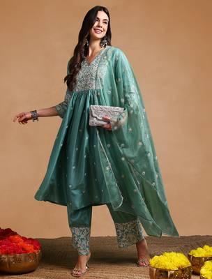 sea green color embroidered silk blend styles kurta palazzo with dupatta 3