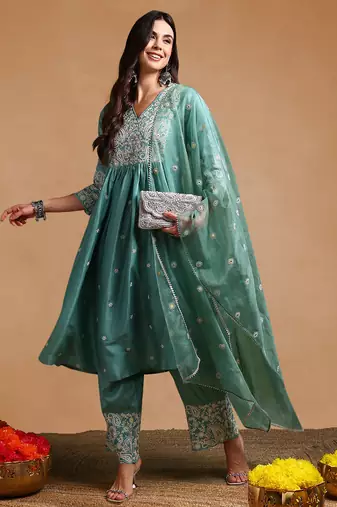 sea green color embroidered silk blend styles kurta palazzo with dupatta