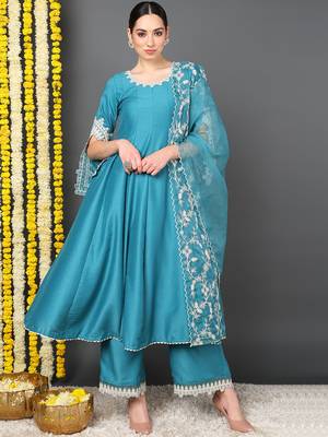blue color embroidered silk blend styles kurta trouser with dupatta 1