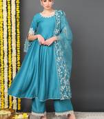blue color embroidered silk blend styles kurta trouser with dupatta