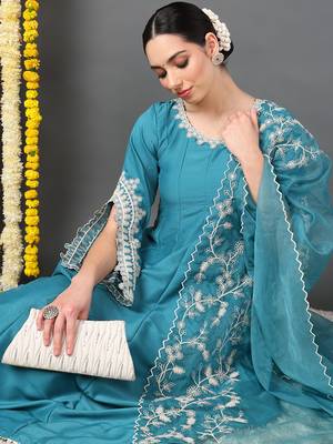 blue color embroidered silk blend styles kurta trouser with dupatta 2