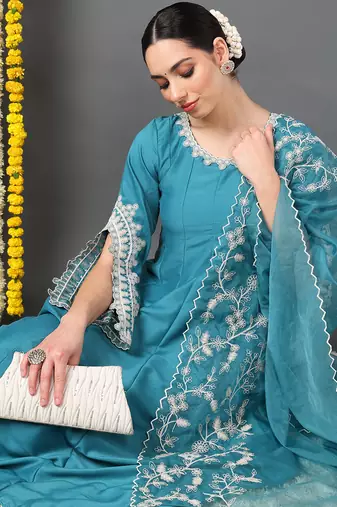 blue color embroidered silk blend styles kurta trouser with dupatta
