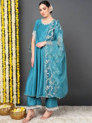 blue color embroidered silk blend styles kurta trouser with dupatta 3