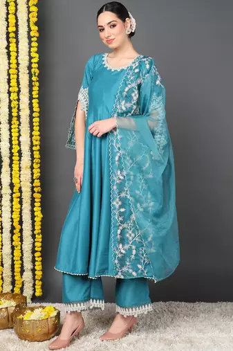 blue color embroidered silk blend styles kurta trouser with dupatta