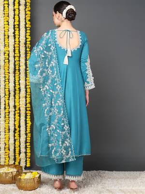 blue color embroidered silk blend styles kurta trouser with dupatta 4