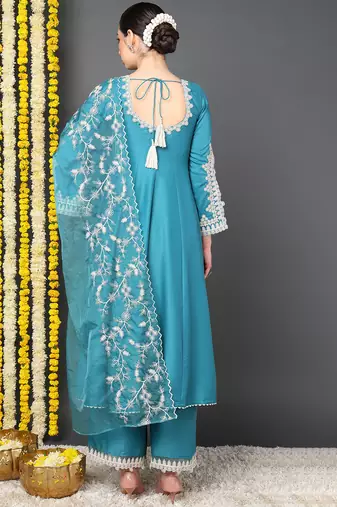 blue color embroidered silk blend styles kurta trouser with dupatta