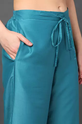 blue color embroidered silk blend styles kurta trouser with dupatta