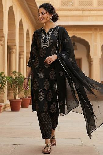 black color embroidered viscose rayon styles kurta salwar with dupatta