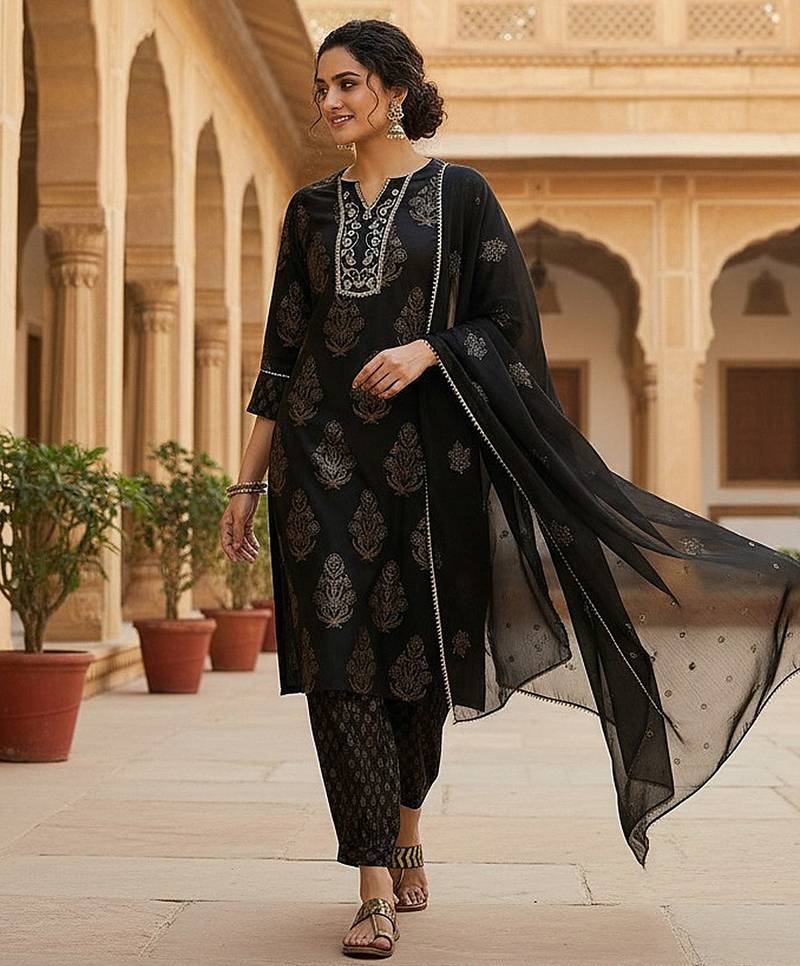 black color embroidered viscose rayon styles kurta salwar with dupatta