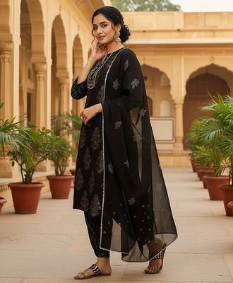 black color embroidered viscose rayon styles kurta salwar with dupatta 3