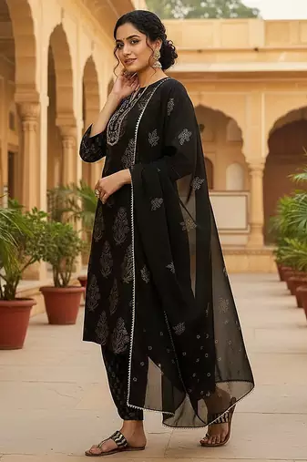 black color embroidered viscose rayon styles kurta salwar with dupatta