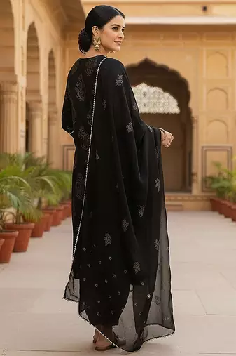 black color embroidered viscose rayon styles kurta salwar with dupatta