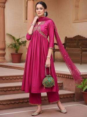 pink color embroidered silk blend styles kurta trouser with dupatta 1