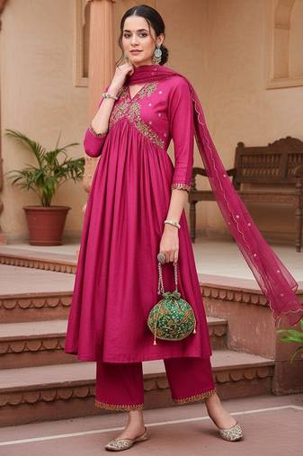 pink color embroidered silk blend styles kurta trouser with dupatta