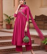 pink color embroidered silk blend styles kurta trouser with dupatta