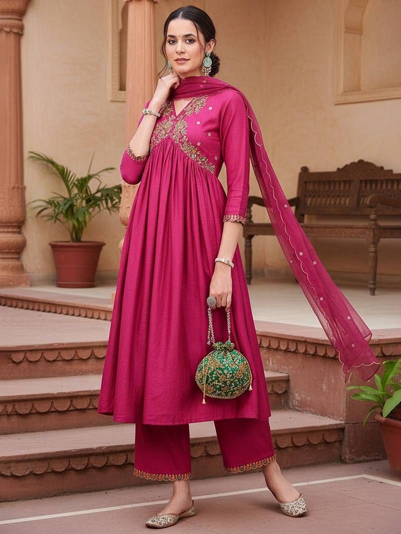 pink color embroidered silk blend styles kurta trouser with dupatta