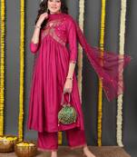 pink color embroidered silk blend styles kurta trouser with dupatta