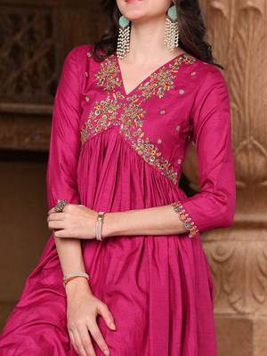 pink color embroidered silk blend styles kurta trouser with dupatta 2