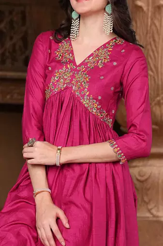 pink color embroidered silk blend styles kurta trouser with dupatta