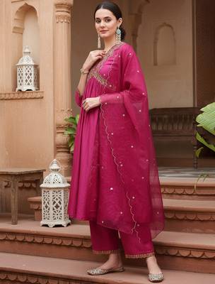 pink color embroidered silk blend styles kurta trouser with dupatta 3