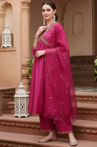 pink color embroidered silk blend styles kurta trouser with dupatta