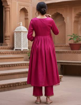 pink color embroidered silk blend styles kurta trouser with dupatta 4